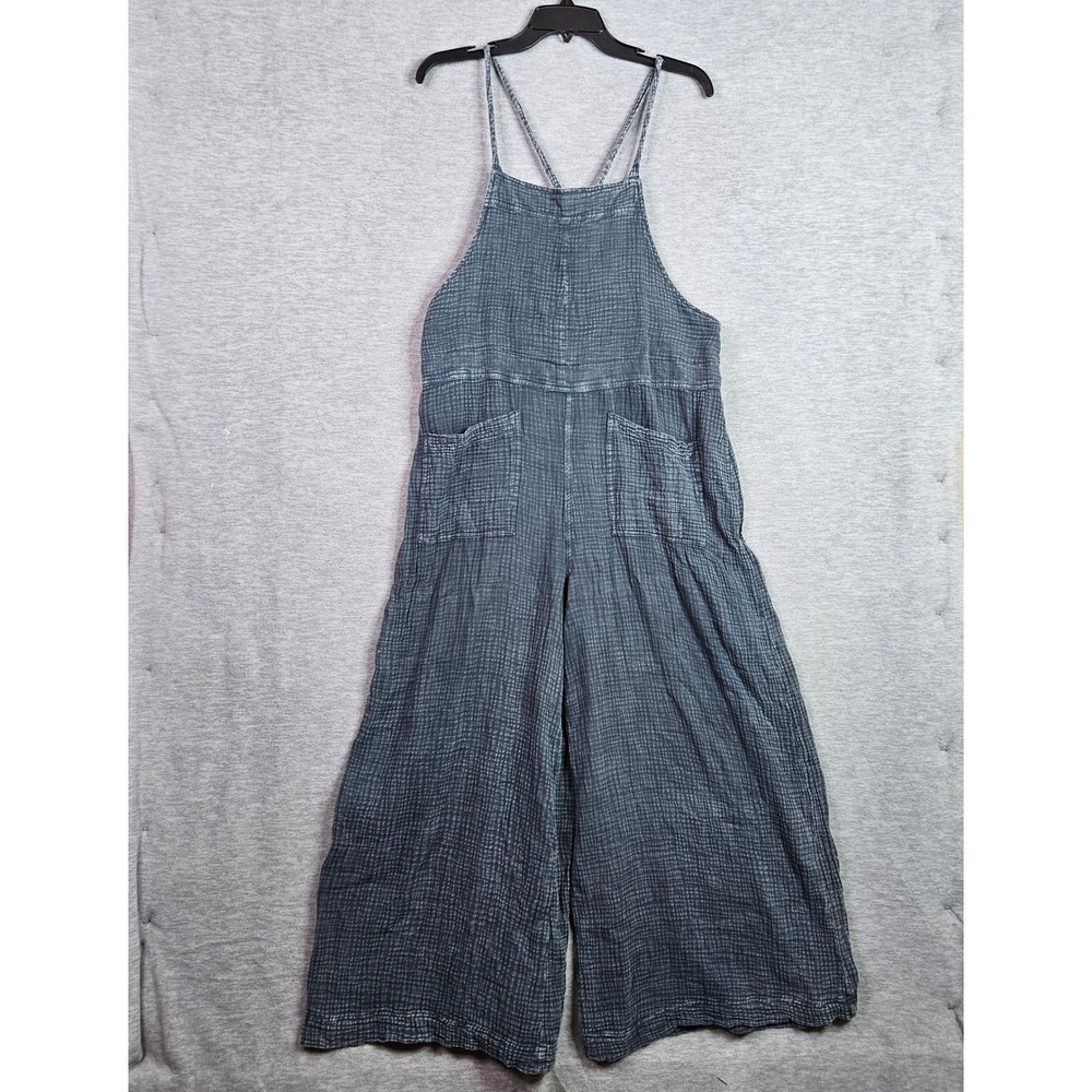 Alluv Place Womens Gray Textured Gauze Wide Leg Jumpsuit Bib Overalls Large
